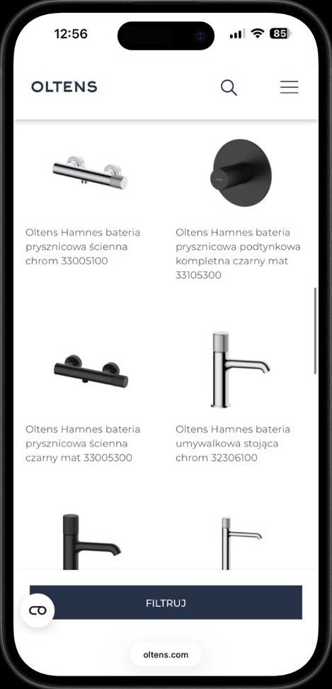 Mobile listing kolekcji Hamnes na oltens.com — bateria prysznicowa i akcesoria w jednej nawigacji